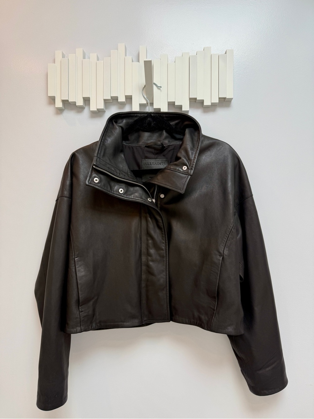 All Saints Ryder Black Cropped Leather Jacket - Picture 4 of 16